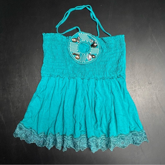 yegrin Tops - Jeweled green halter top smocked front cutout embroidered summer shirt lace